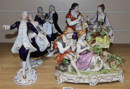 Five Continental porcelain figures, including an Unterweissbach group of a shepherd and shepherdess,